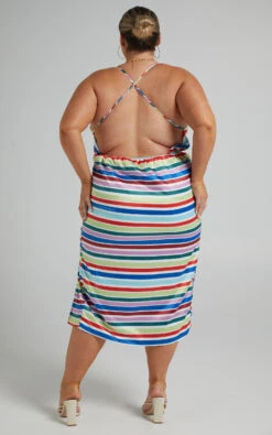 Showpo Fhel Strappy Twist Front Midi Dress In Multi Stripe Satin -Showpo Women's Clothing Store Riley x Lucy x Anthony 10.11.2137605