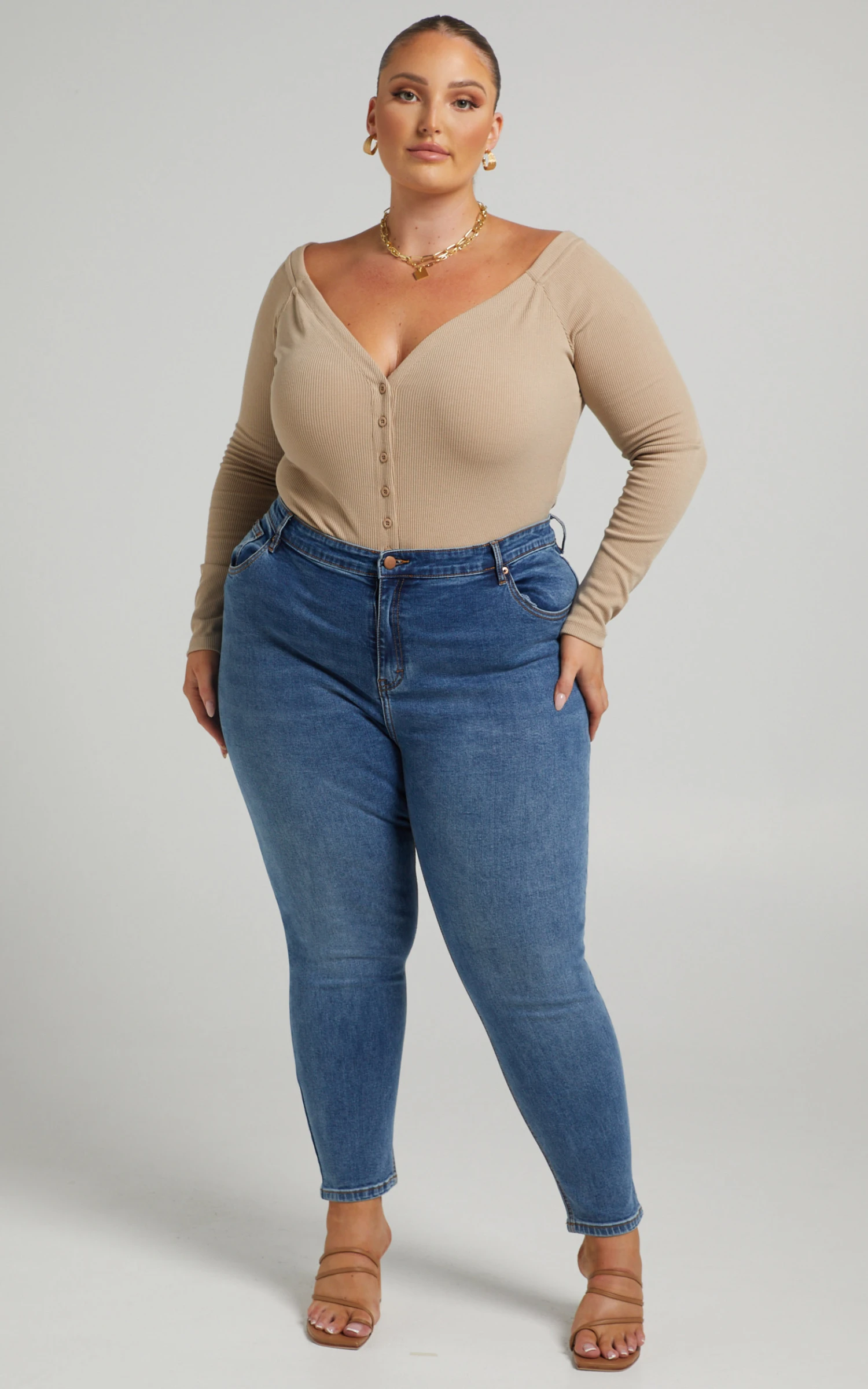 Showpo Lucilla - High Waisted Contour Fitted Jeans In Blue 3 Showpo Lucilla - High Waisted Contour Fitted Jeans In Blue - Image 3