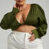Showpo Sorahya Twist Front Long Sleeve Crop Top In Olive