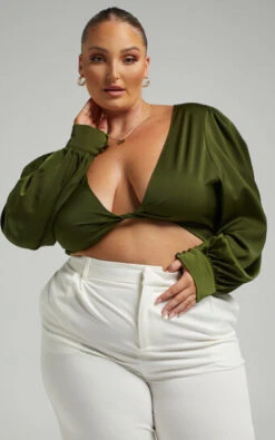 Showpo Sorahya Twist Front Long Sleeve Crop Top In Olive