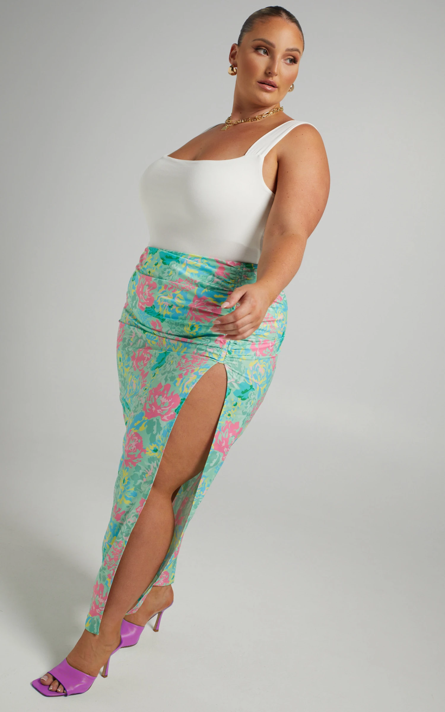 Showpo Eilly Maxi Skirt With Ruched Side Split In Neon Floral 5 Showpo Eilly Maxi Skirt With Ruched Side Split In Neon Floral - Image 5