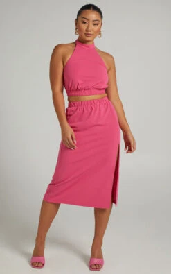 Showpo Lerah Elastic Waist Midi Skirt In Hot Pink