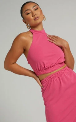 Showpo Kiki Halter Neck Top With Elastic Detailing In Hot Pink