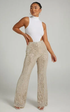 Showpo Deliza Mid Waisted Sequin Flare Pants In Champagne