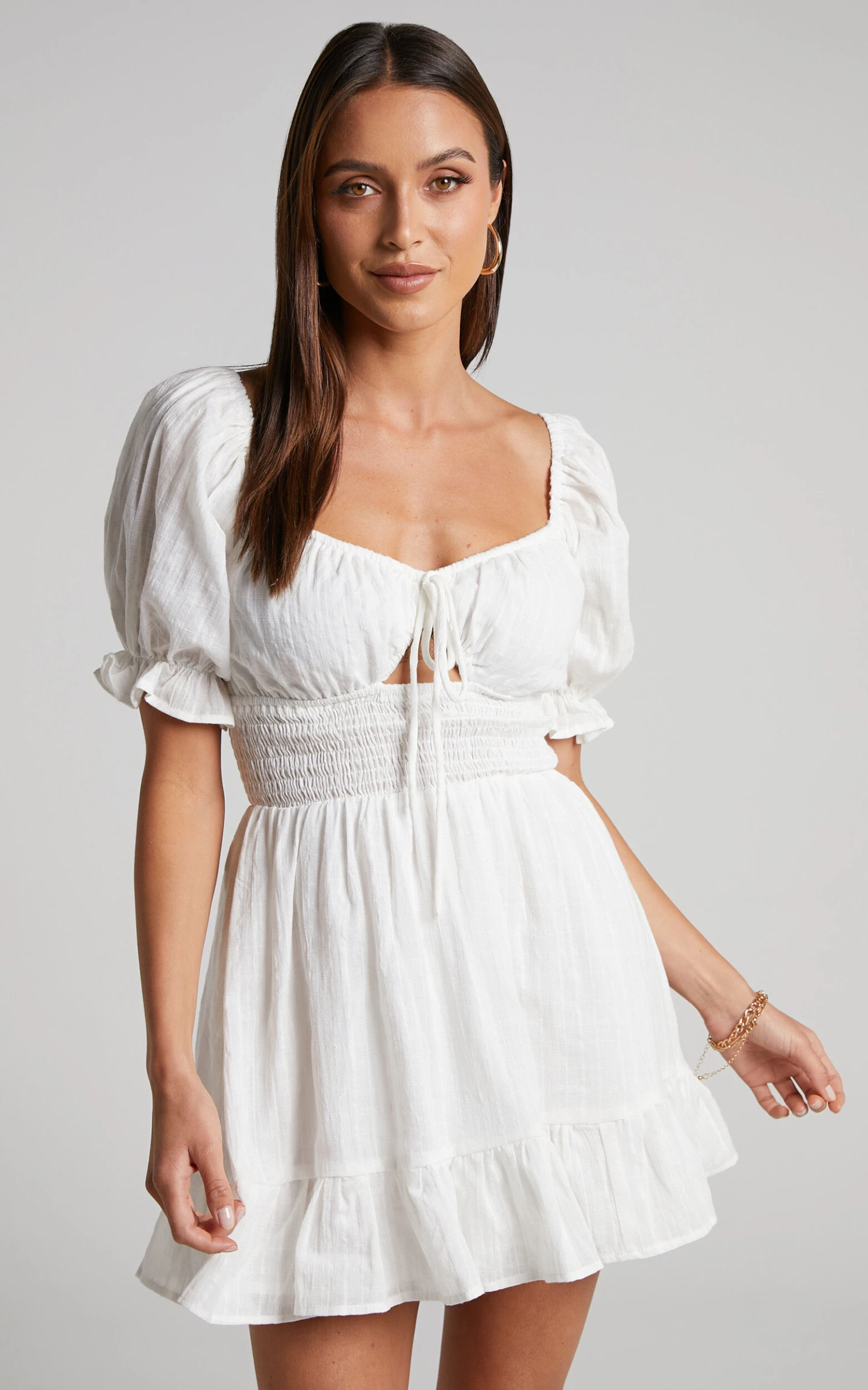 Showpo Roella Mini Dress - Shirred Waist Sweetheart Puff Sleeve Dress In White 3 Showpo Roella Mini Dress - Shirred Waist Sweetheart Puff Sleeve Dress In White - Image 3