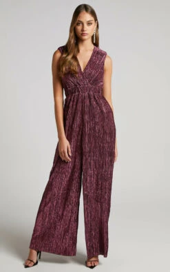 Showpo Roellah Jumpsuit - Lurex Plisse Sleeveless Palazzo Jumpsuit In Plum -Showpo Women's Clothing Store Roellah Plunge Wide Leg Jumpsuit in Pink 2528SP22100004012529