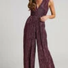 Showpo Roellah Jumpsuit - Lurex Plisse Sleeveless Palazzo Jumpsuit In Plum