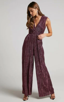 Showpo Roellah Jumpsuit - Lurex Plisse Sleeveless Palazzo Jumpsuit In Plum