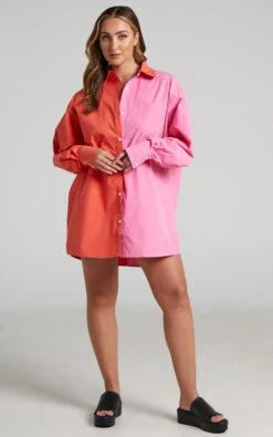Showpo Roewe Colour Block Oversized Button Up Shirt In Oxy Fire & Pink -Showpo Women's Clothing Store Roewe Colour Block Oversized Shirt in Oxy Fire Pink 2528ST22020040032529 1