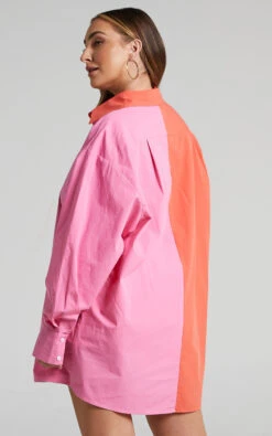 Showpo Roewe Colour Block Oversized Button Up Shirt In Oxy Fire & Pink -Showpo Women's Clothing Store Roewe Colour Block Oversized Shirt in Oxy Fire Pink 2528ST22020040032529 4