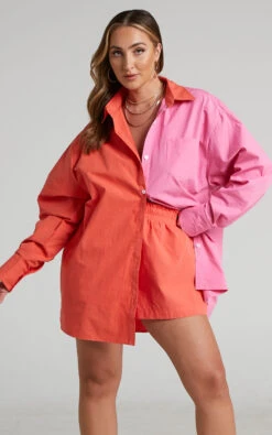 Showpo Roewe Colour Block Oversized Button Up Shirt In Oxy Fire & Pink -Showpo Women's Clothing Store Roewe Colour Block Oversized Shirt in Oxy Fire Pink 2528ST22020040032529 5