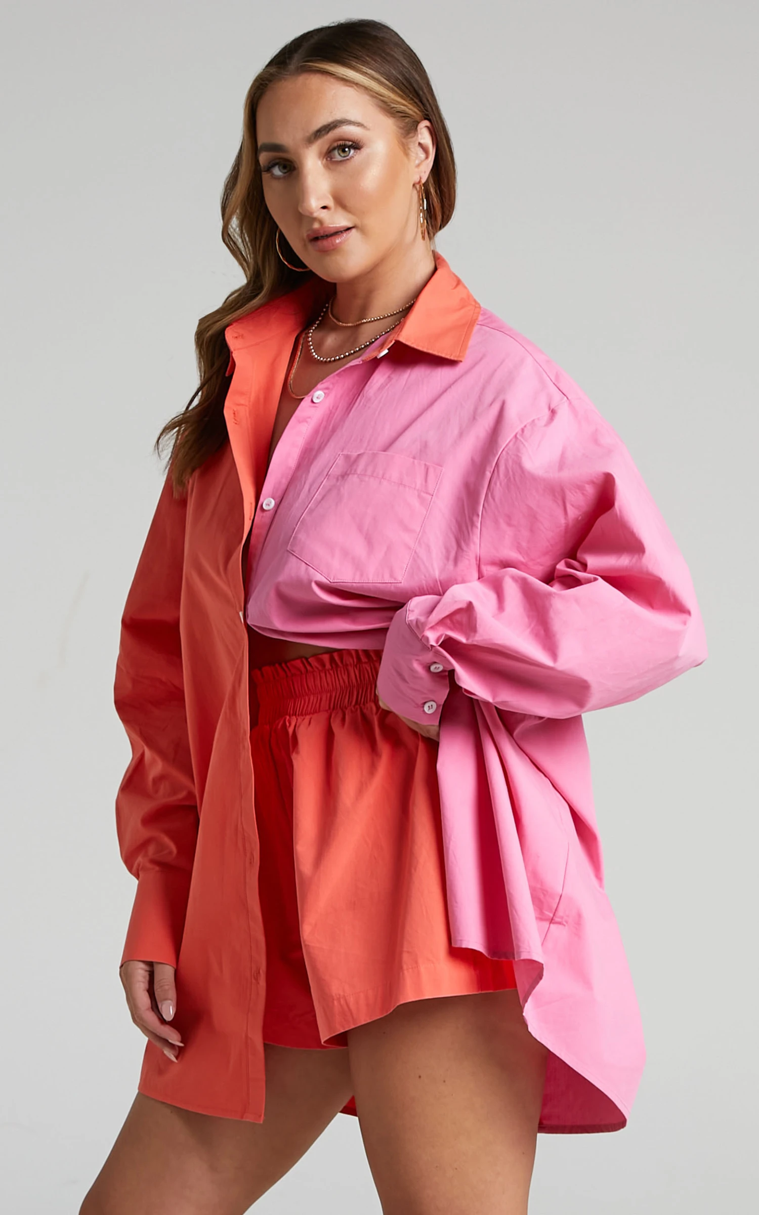 Showpo Roewe Colour Block Oversized Button Up Shirt In Oxy Fire & Pink - Image 7