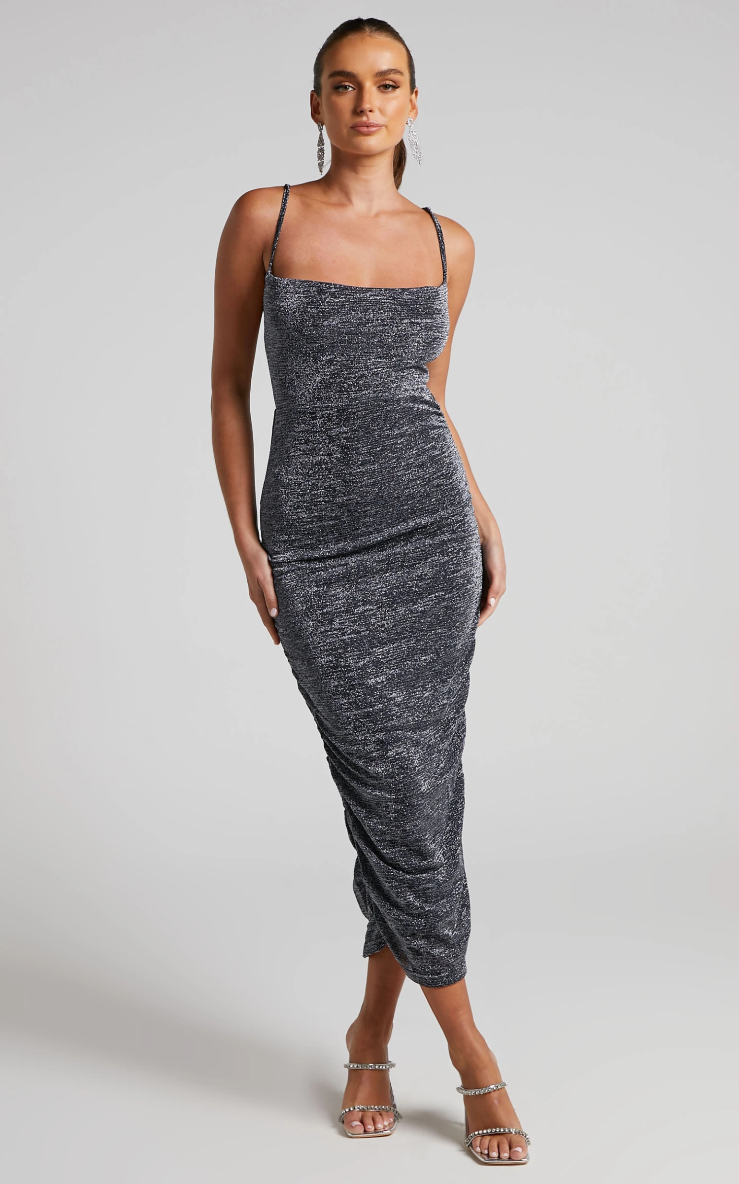 Showpo Roma Ruched Cowl Neck Midi Dress In Silver 2 Showpo Roma Ruched Cowl Neck Midi Dress In Silver - Image 2