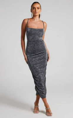 Showpo Roma Ruched Cowl Neck Midi Dress In Silver