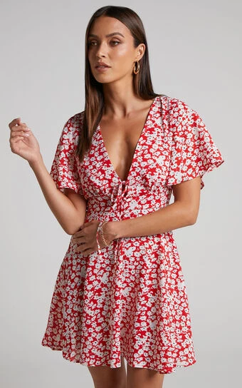 Showpo Rosario Mini Dress - Flutter Sleeve V Neck Dress In Red Ditsy Floral 1 Showpo Rosario Mini Dress - Flutter Sleeve V Neck Dress In Red Ditsy Floral