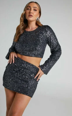 Showpo Roxanne Flared Sleeve Crop Top In Gunmetal