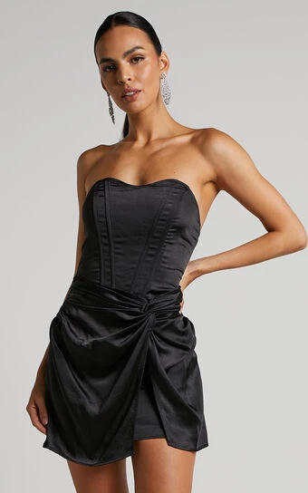 Showpo Roxzaye Mini Dress - Strapless Bustier Drape Skirt Dress In Black 1 Showpo Roxzaye Mini Dress - Strapless Bustier Drape Skirt Dress In Black