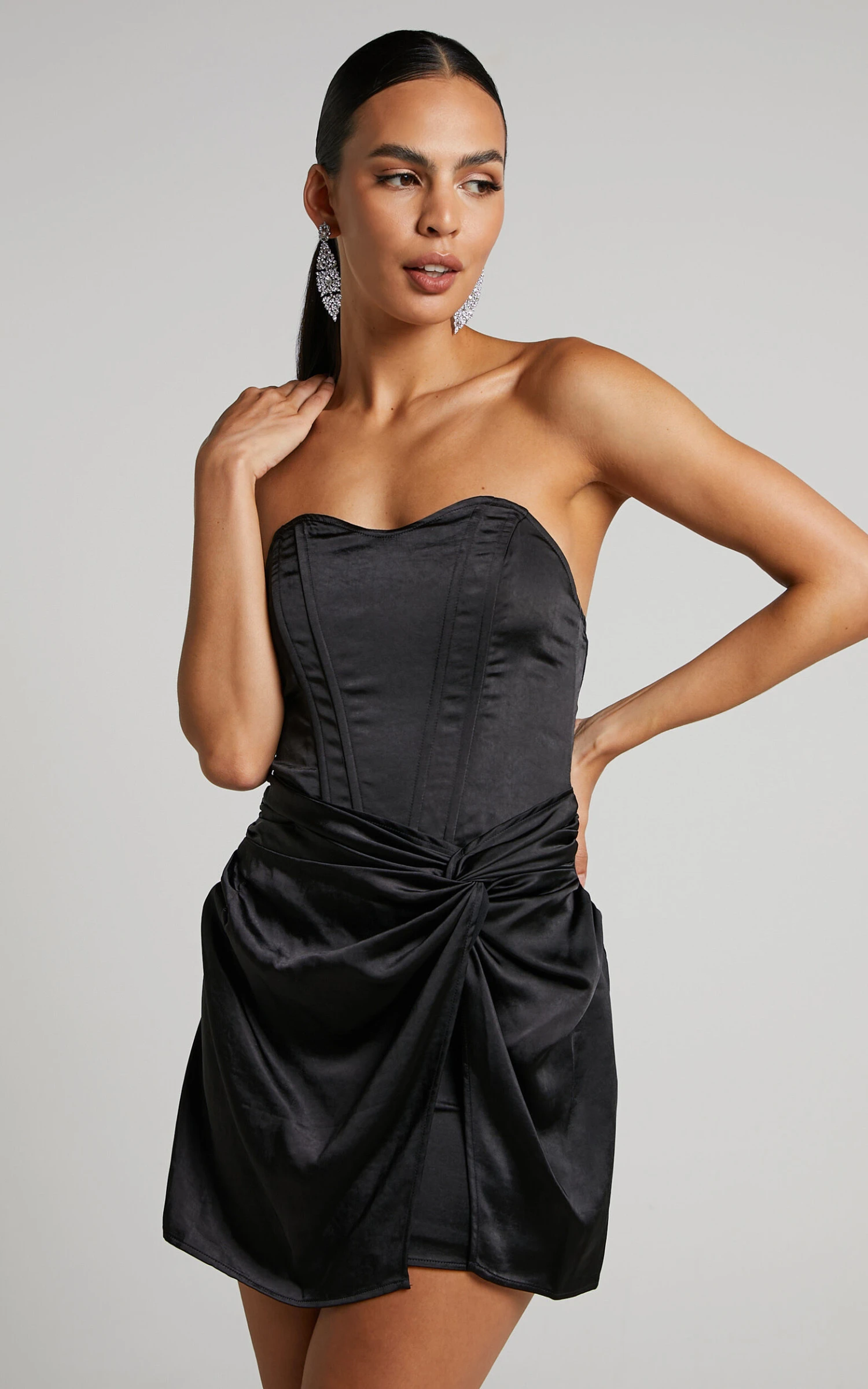 Showpo Roxzaye Mini Dress - Strapless Bustier Drape Skirt Dress In Black 6 Showpo Roxzaye Mini Dress - Strapless Bustier Drape Skirt Dress In Black - Image 6