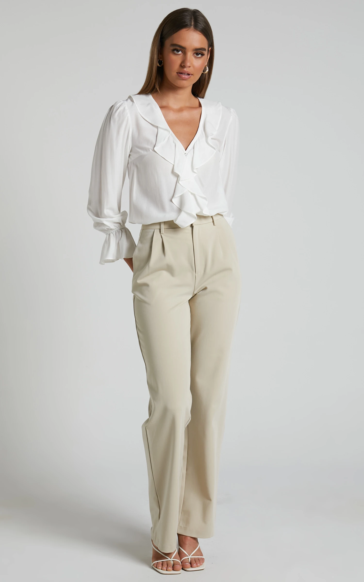 Showpo Royalene Frill Detail Balloon Sleeve Shirt In Off White 3 Showpo Royalene Frill Detail Balloon Sleeve Shirt In Off White - Image 3