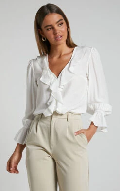 Showpo Royalene Frill Detail Balloon Sleeve Shirt In Off White