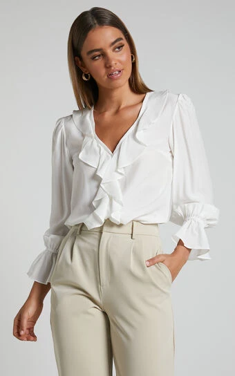 Showpo Royalene Frill Detail Balloon Sleeve Shirt In Off White 1 Showpo Royalene Frill Detail Balloon Sleeve Shirt In Off White