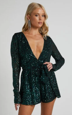 Showpo Ryrah Sequin Long Sleeve Plunge Neck Playsuit In Emerald 13 Showpo Ryrah Sequin Long Sleeve Plunge Neck Playsuit In Emerald -Showpo Women's Clothing Store Ryrah Sequin Long Sleeve Plunge Neck Playsuit in Emerald 2