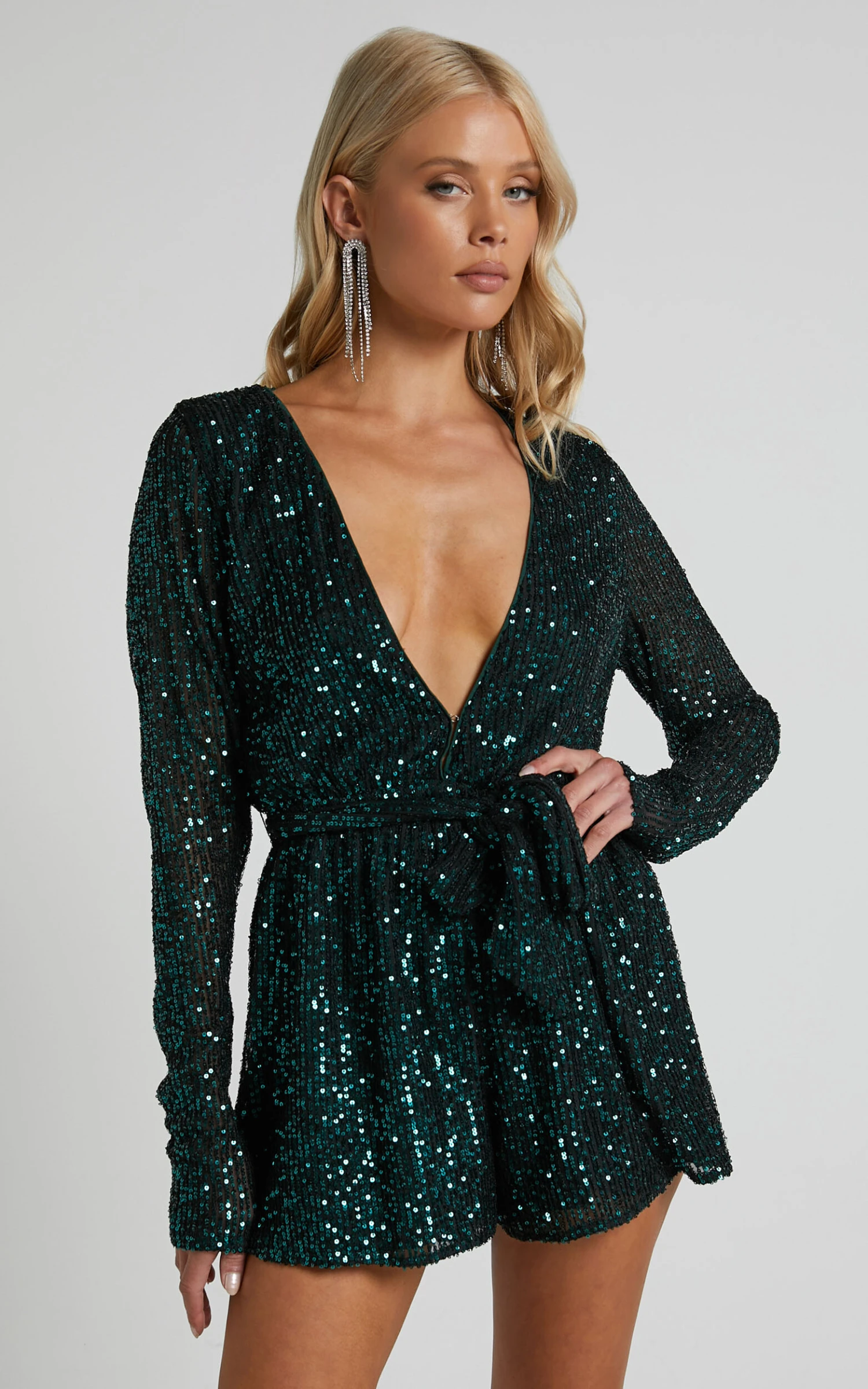 Showpo Ryrah Sequin Long Sleeve Plunge Neck Playsuit In Emerald 5 Showpo Ryrah Sequin Long Sleeve Plunge Neck Playsuit In Emerald - Image 5