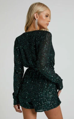 Showpo Ryrah Sequin Long Sleeve Plunge Neck Playsuit In Emerald 16 Showpo Ryrah Sequin Long Sleeve Plunge Neck Playsuit In Emerald -Showpo Women's Clothing Store Ryrah Sequin Long Sleeve Plunge Neck Playsuit in Emerald 5
