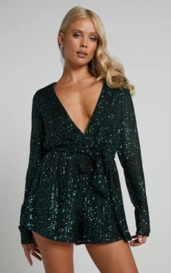 Showpo Ryrah Sequin Long Sleeve Plunge Neck Playsuit In Emerald 12 Showpo Ryrah Sequin Long Sleeve Plunge Neck Playsuit In Emerald -Showpo Women's Clothing Store Ryrah Sequin Long Sleeve Plunge Neck Playsuit in Emerald 7