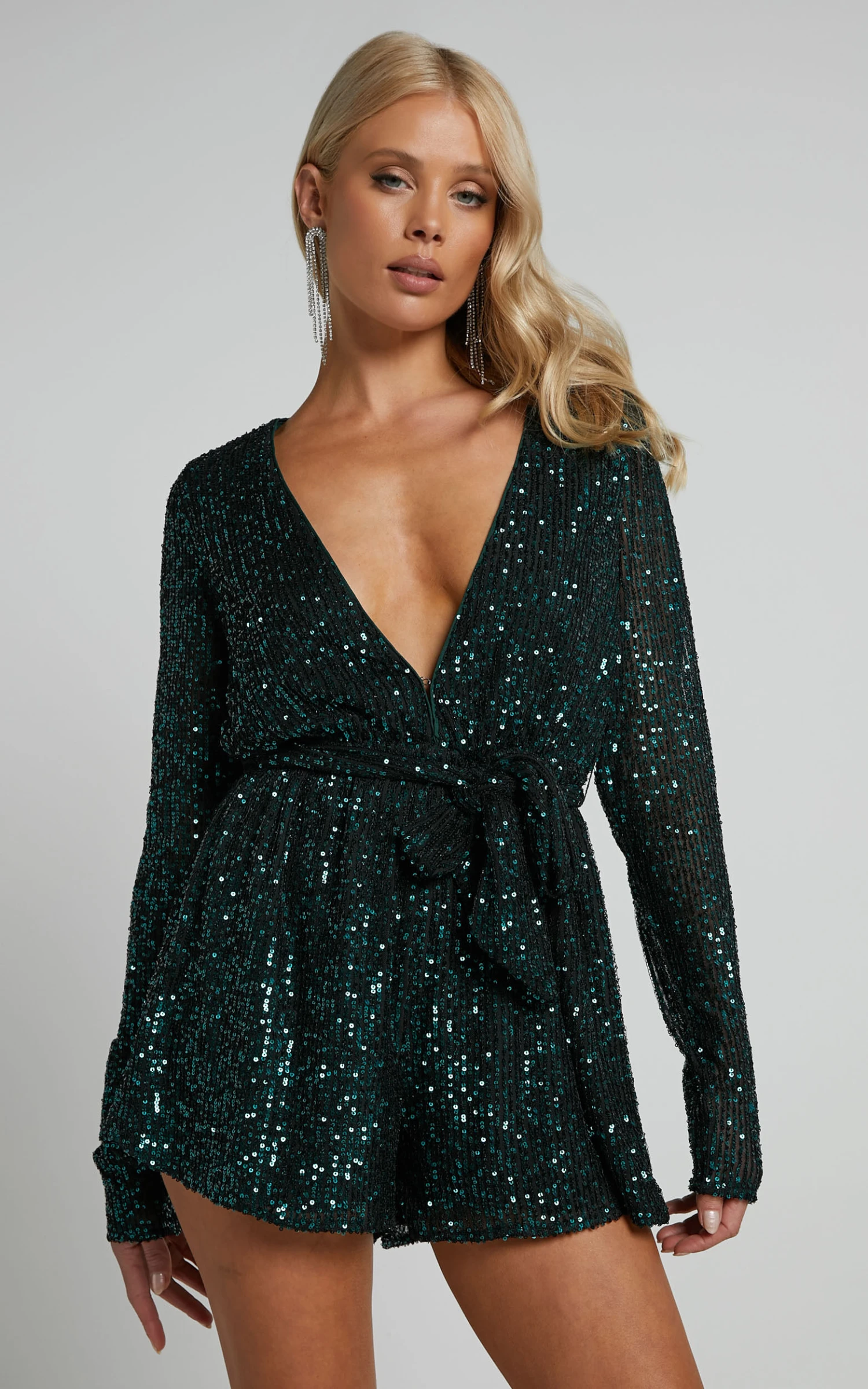Showpo Ryrah Sequin Long Sleeve Plunge Neck Playsuit In Emerald 4 Showpo Ryrah Sequin Long Sleeve Plunge Neck Playsuit In Emerald - Image 4