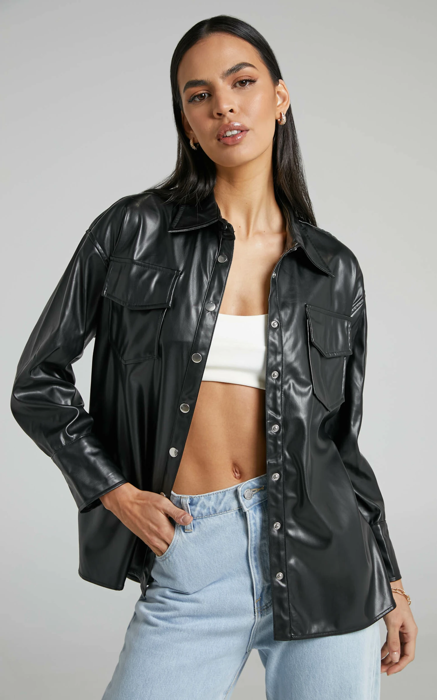 Showpo Selenia Button Front Faux Leather Shirt In Black 2 Showpo Selenia Button Front Faux Leather Shirt In Black - Image 2