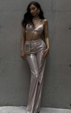 Showpo Sharleez Glitter High Waisted Tailored Wide Leg Pant In Rose Gold