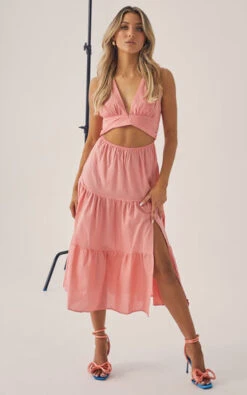 Showpo Spencer V Neck Cut Out Tiered Midi Dress In Dusty Pink