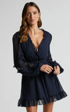 Showpo Sancha Long Sleeve Frill Mini Dress In Navy -Showpo Women's Clothing Store Sancha Long Sleeve Frill Mini Dress in Navy 1
