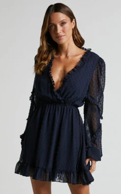 Showpo Sancha Long Sleeve Frill Mini Dress In Navy -Showpo Women's Clothing Store Sancha Long Sleeve Frill Mini Dress in Navy 2