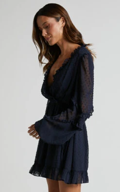 Showpo Sancha Long Sleeve Frill Mini Dress In Navy -Showpo Women's Clothing Store Sancha Long Sleeve Frill Mini Dress in Navy 3