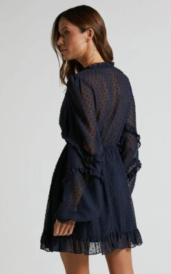 Showpo Sancha Long Sleeve Frill Mini Dress In Navy -Showpo Women's Clothing Store Sancha Long Sleeve Frill Mini Dress in Navy 4