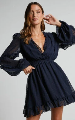 Showpo Sancha Long Sleeve Frill Mini Dress In Navy