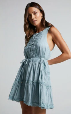 Showpo Scotty Button Up Broderie Mini Dress In Sage