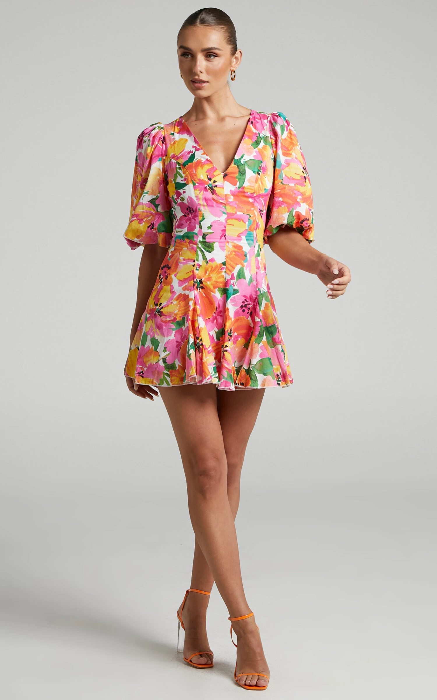 Showpo Shairah Mini Dress - V Neck Puff Sleeve Flutter Hem Dress In In Bloom 3 Showpo Shairah Mini Dress - V Neck Puff Sleeve Flutter Hem Dress In In Bloom - Image 3