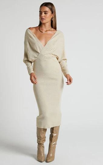 Showpo Sheikha Long Sleeve Off Shoulder Knit Midi Dress In Stone 1 Showpo Sheikha Long Sleeve Off Shoulder Knit Midi Dress In Stone