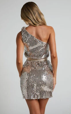 Showpo Shellanie One Shoulder Mini Dress In Silver And Gold Sequin 14 Showpo Shellanie One Shoulder Mini Dress In Silver And Gold Sequin -Showpo Women's Clothing Store Shellanie One Shoulder Mini Dress in Silver and Gold 4