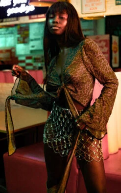 Showpo Kerensa Sheer Tie Front Bell Sleeve Top In Winter Wild