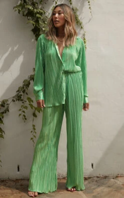 Showpo Beca High Waisted Plisse Flared Pants In Bright Green