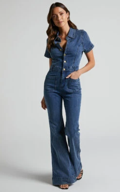Showpo Silvena Jumpsuit - Short Sleeve Flared Denim Jumpsuit In Indigo Wash 12 Showpo Silvena Jumpsuit - Short Sleeve Flared Denim Jumpsuit In Indigo Wash -Showpo Women's Clothing Store Silvena Short Sleeve Flared Denim Jumpsuit in Indigo Wash