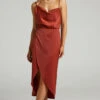 Showpo Sisters By Heart Asymmetric Cowl Neck Midi Dress In Copper Satin