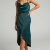 Showpo Sisters By Heart Asymmetric Cowl Neck Midi Dress In Emerald Satin