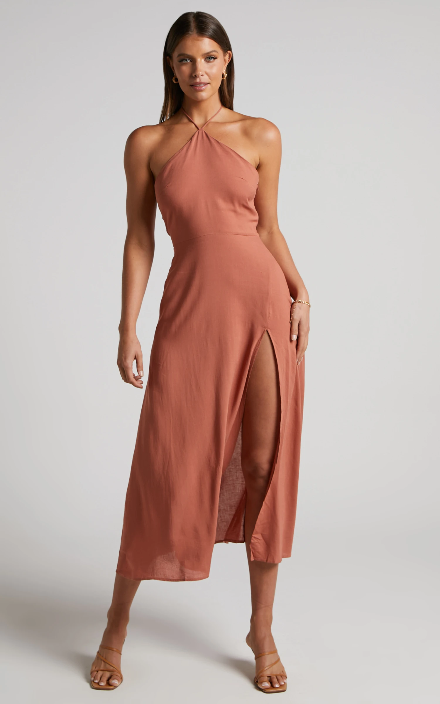 Showpo Sondra Midi Dress - Thigh Split Halter Dress In Terracotta 2 Showpo Sondra Midi Dress - Thigh Split Halter Dress In Terracotta - Image 2