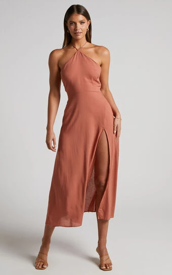 Showpo Sondra Midi Dress - Thigh Split Halter Dress In Terracotta 1 Showpo Sondra Midi Dress - Thigh Split Halter Dress In Terracotta