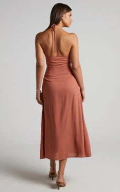 Showpo Sondra Midi Dress - Thigh Split Halter Dress In Terracotta 12 Showpo Sondra Midi Dress - Thigh Split Halter Dress In Terracotta -Showpo Women's Clothing Store Sondra Halter Midi Dress in Tan 2528SD22050039012529 5
